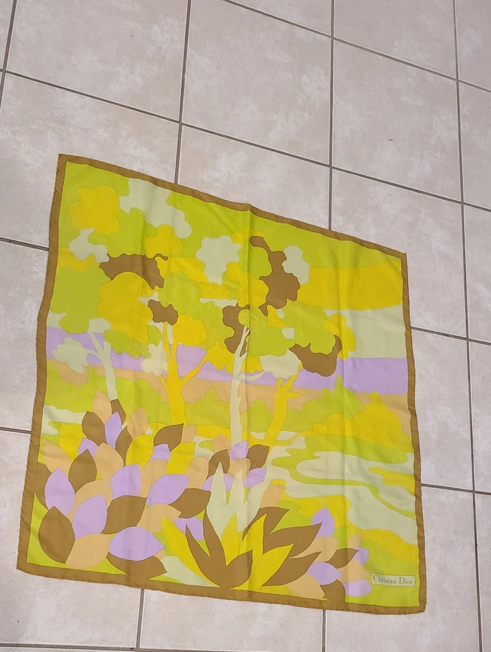 Christian Dior Vintage Floral Silk Scarf Brown Green Yellow Lavender Luxe